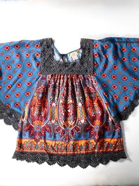 Flying Tomato Blue Orange Lace S Floral Top Crochet Flutter Sleeve Peasant Boho